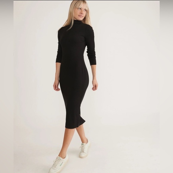 Marine Layer Lexi Ribbed Mockneck Long Sleeve Midi Dress in Black XS - Picture 2 of 11